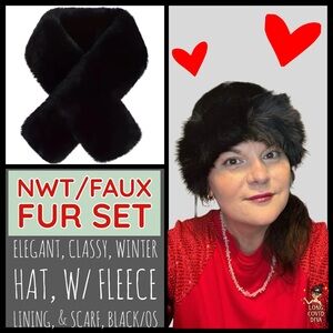 NWT/Faux Fur SET/Elegant Winter Hat, w/ Fleece Lining, & Matching Scarf,Black/OS